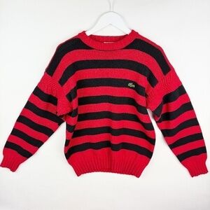 Lacoste Vintage Sweater Red and Black Stripes Lacoste Crocodile Logo Crewneck L